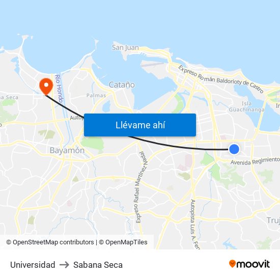 Universidad to Sabana Seca map
