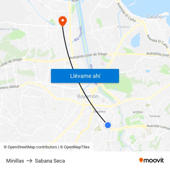 Minillas to Sabana Seca map