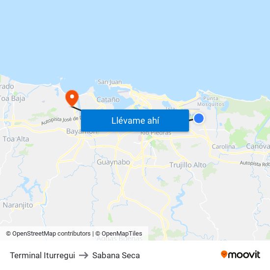 Terminal Iturregui to Sabana Seca map