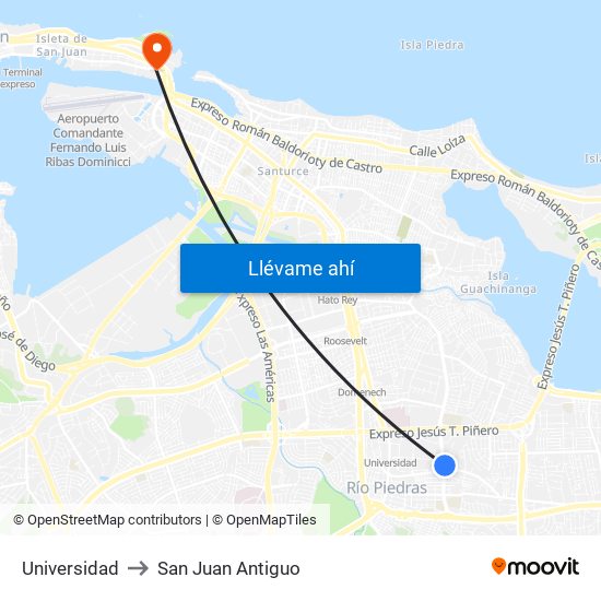 Universidad to San Juan Antiguo map