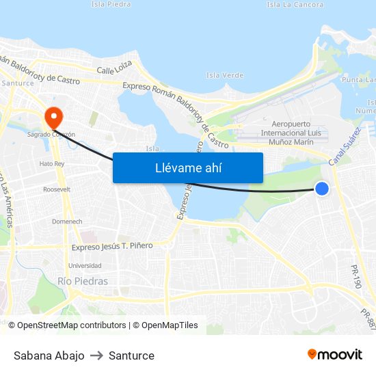 Sabana Abajo to Santurce map