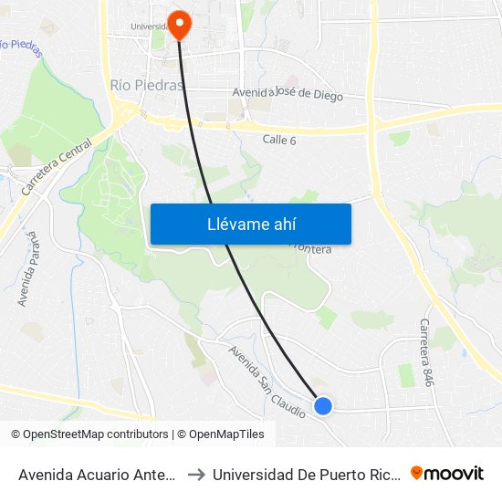 Avenida Acuario Antes Calle Onide to Universidad De Puerto Rico - Rio Piedras map