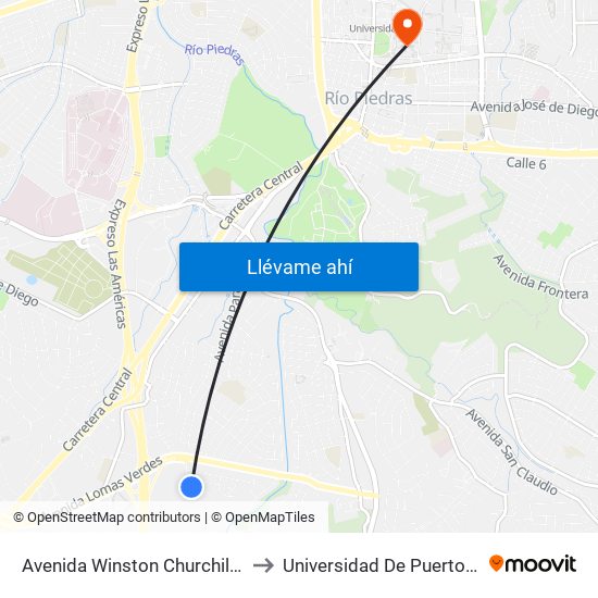 Avenida Winston Churchill Antes Calle Parana to Universidad De Puerto Rico - Rio Piedras map