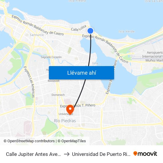 Calle Jupiter Antes Avenida Isla Verde to Universidad De Puerto Rico - Rio Piedras map
