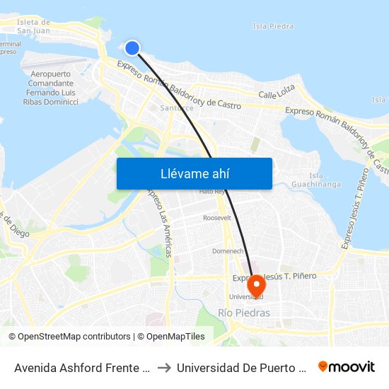 Avenida Ashford Frente Estacionamiento to Universidad De Puerto Rico - Rio Piedras map