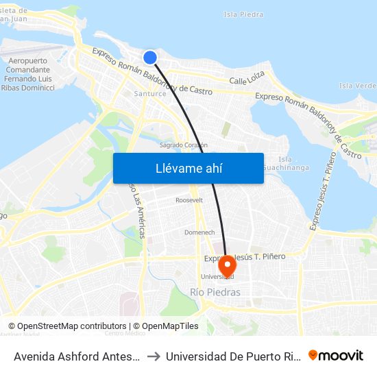 Avenida Ashford Antes Calle Cervante to Universidad De Puerto Rico - Rio Piedras map