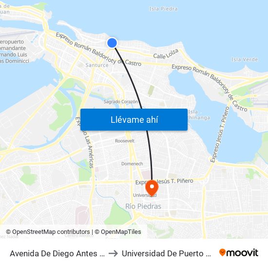 Avenida De Diego Antes Avenida Ashford to Universidad De Puerto Rico - Rio Piedras map