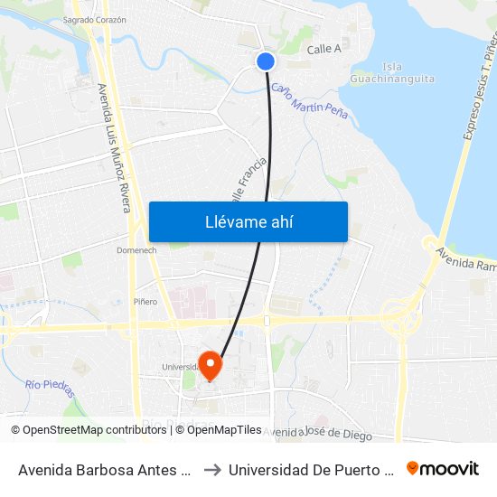 Avenida Barbosa Antes Calle Constitucion to Universidad De Puerto Rico - Rio Piedras map