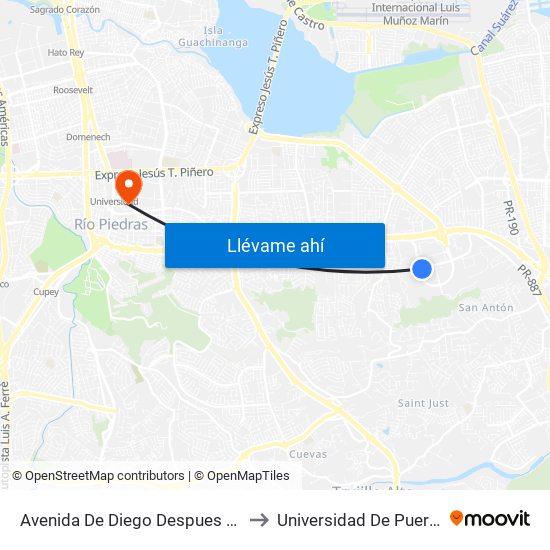 Avenida De Diego Despues Bulevard De La Media Luna to Universidad De Puerto Rico - Rio Piedras map