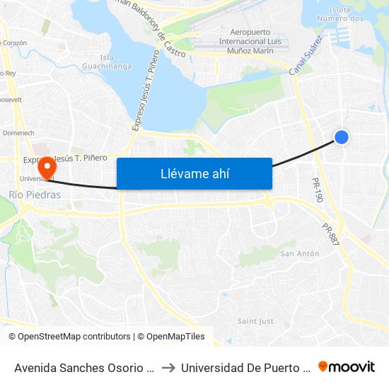 Avenida Sanches Osorio Despues Calle 128 to Universidad De Puerto Rico - Rio Piedras map