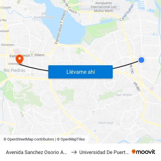 Avenida Sanchez Osorio Antes Lado Opuesto Via 2 to Universidad De Puerto Rico - Rio Piedras map