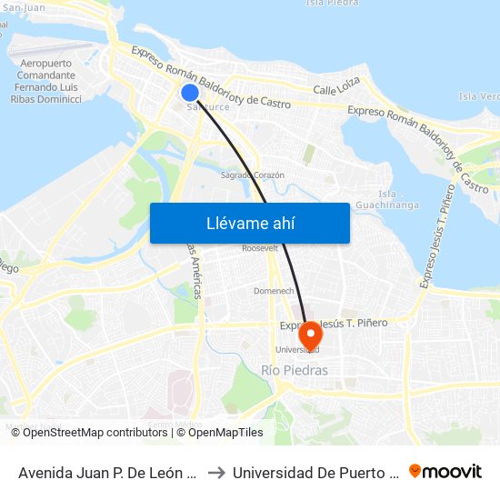 Avenida Juan P. De León Antes Calle Deffaut to Universidad De Puerto Rico - Rio Piedras map