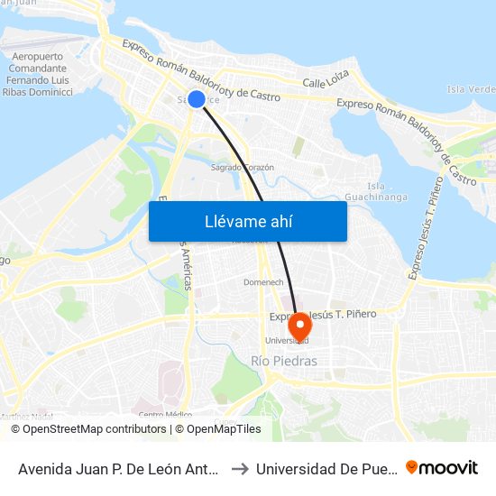 Avenida Juan P. De León Antes Lado Opuesto Calle Llovera to Universidad De Puerto Rico - Rio Piedras map