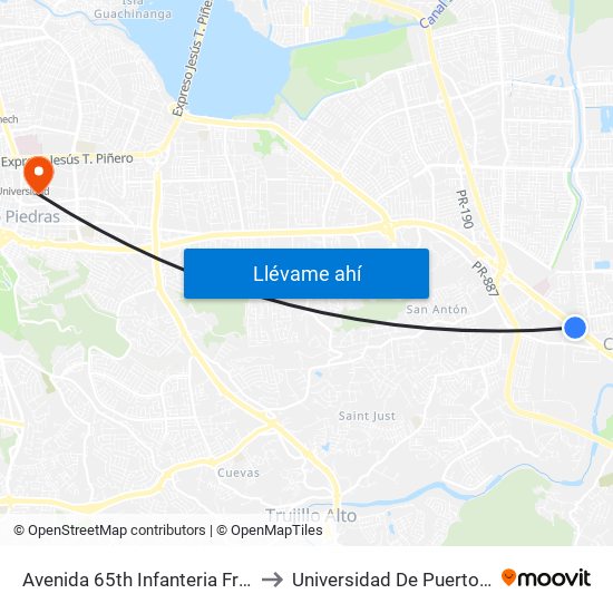 Avenida 65th Infanteria Frente Al Oriental Bank to Universidad De Puerto Rico - Rio Piedras map