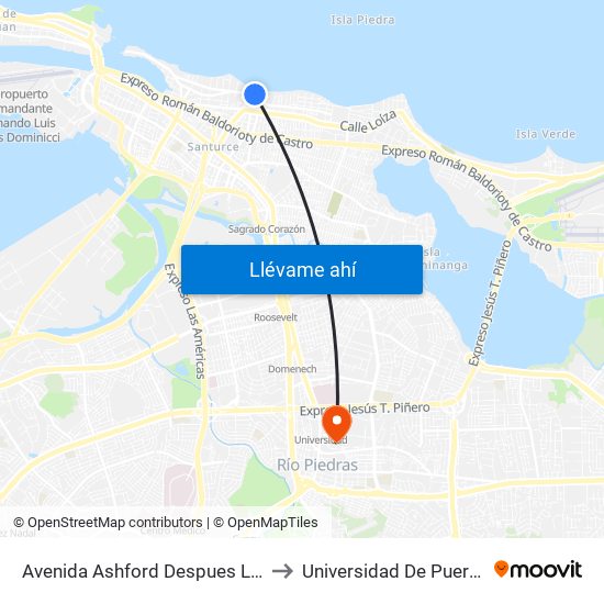 Avenida Ashford Despues Lado Opuesto Calle F. Krug to Universidad De Puerto Rico - Rio Piedras map