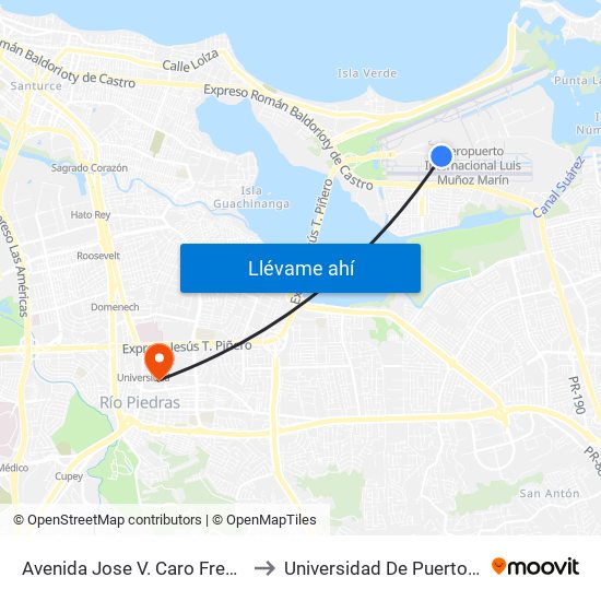 Avenida Jose V. Caro Frente Terminal Jet Blue to Universidad De Puerto Rico - Rio Piedras map