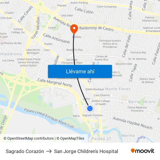 Sagrado Corazón to San Jorge Children's Hospital map