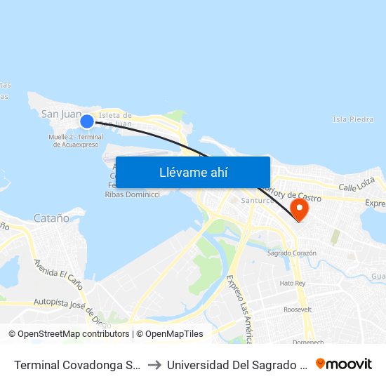 Terminal Covadonga San Juan to Universidad Del Sagrado Corazón map