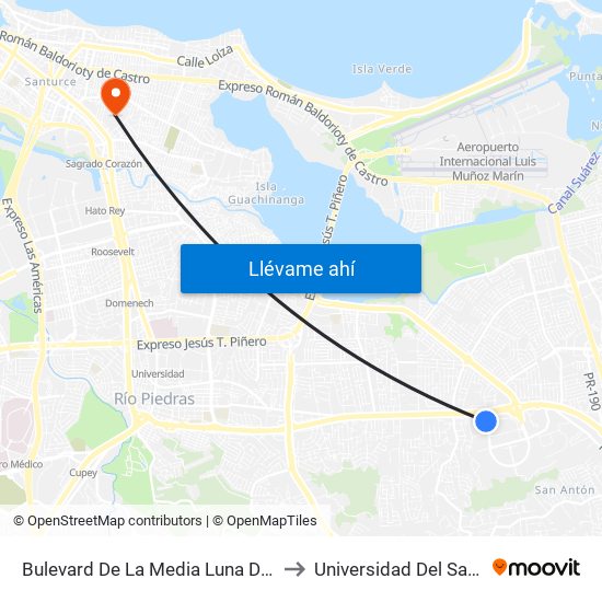 Bulevard De La Media Luna Despues Avenida 65th to Universidad Del Sagrado Corazón map