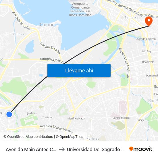 Avenida Main Antes Calle 17 to Universidad Del Sagrado Corazón map