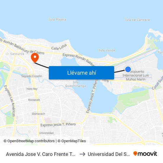Avenida Jose V. Caro Frente Terminal American Airlines to Universidad Del Sagrado Corazón map