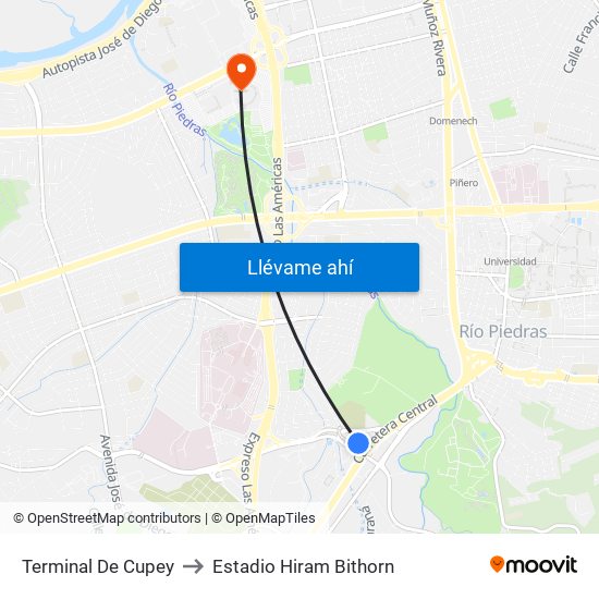 Terminal De Cupey to Estadio Hiram Bithorn map