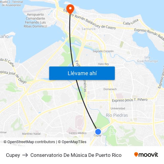 Cupey to Conservatorio De Música De Puerto Rico map