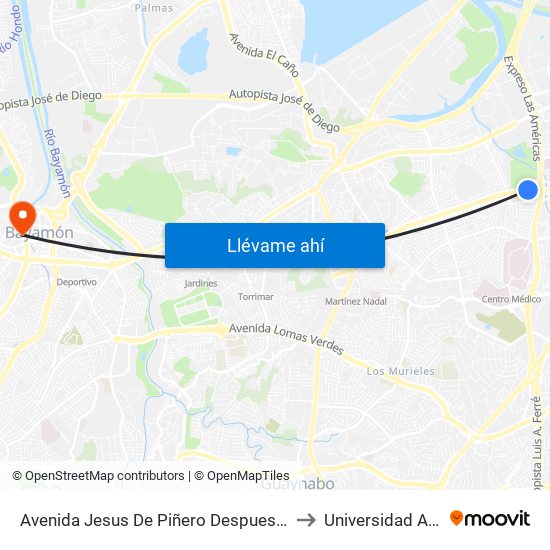 Avenida Jesus De Piñero Despues Salida Expreso Las América to Universidad Ana G. Méndez map