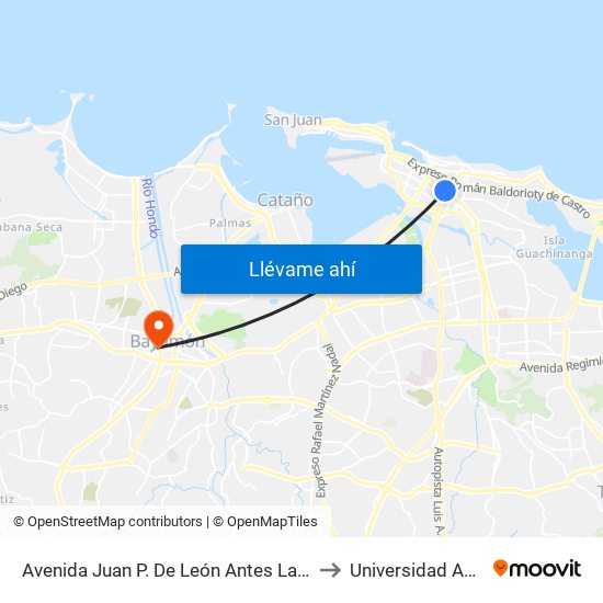 Avenida Juan P. De León Antes Lado Opuesto Calle Llovera to Universidad Ana G. Méndez map