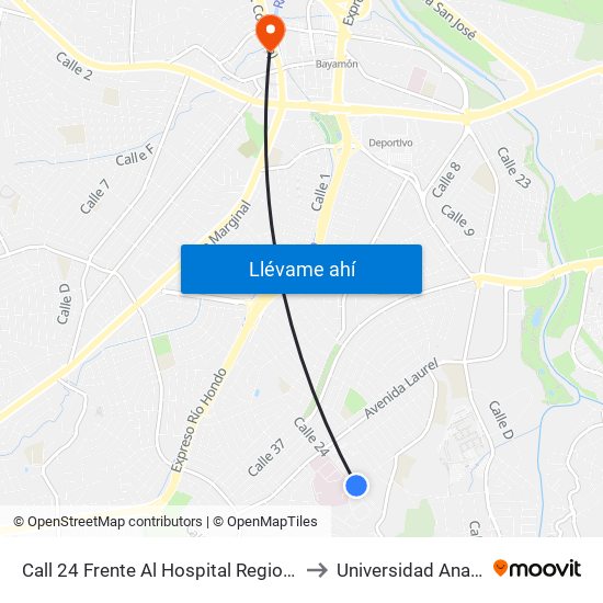 Call 24 Frente Al Hospital Regional (Lado Opuesto) to Universidad Ana G. Méndez map