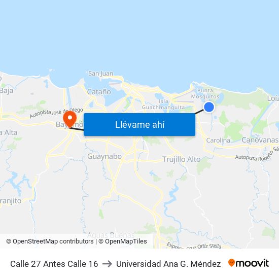 Calle 27 Antes Calle 16 to Universidad Ana G. Méndez map