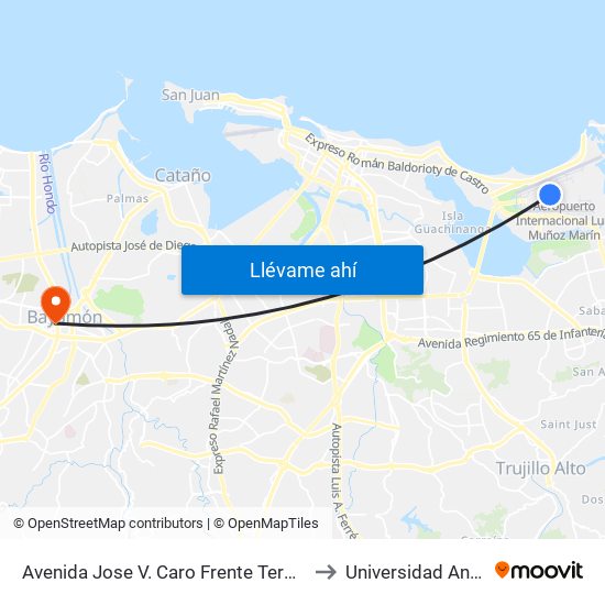Avenida Jose V. Caro Frente Terminal American Airlines to Universidad Ana G. Méndez map