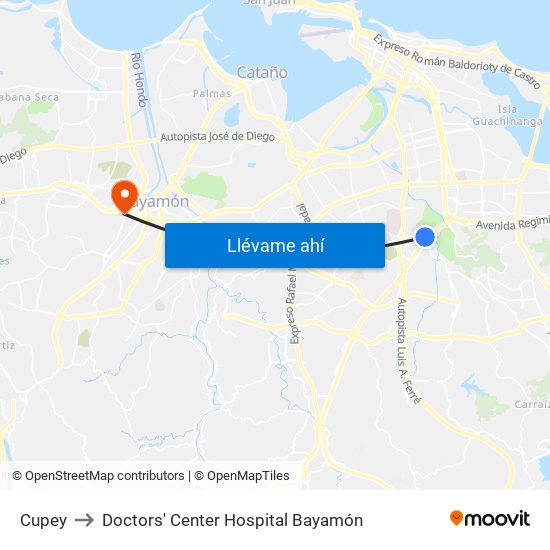 Cupey to Doctors' Center Hospital Bayamón map