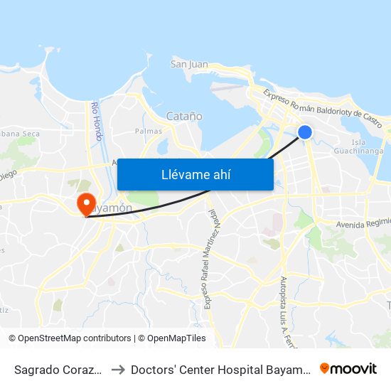 Sagrado Corazón to Doctors' Center Hospital Bayamón map