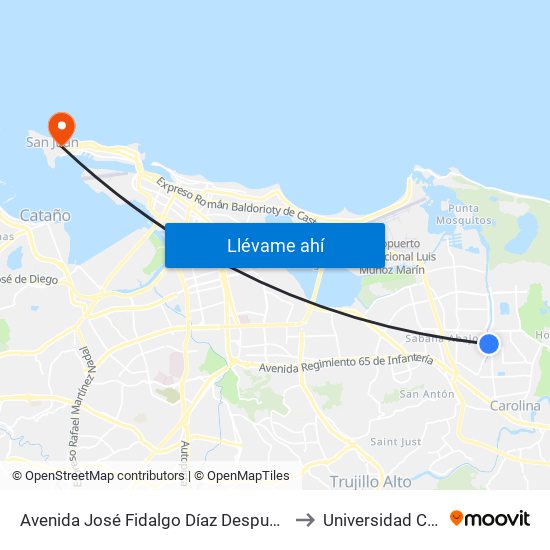 Avenida José Fidalgo Díaz Despues Lado Opuesto Vía 25 to Universidad Carlos Albizu map