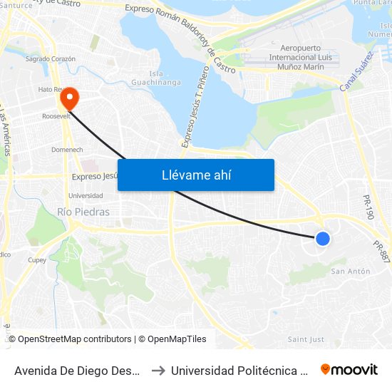 Avenida De Diego Despues Ramal 8 to Universidad Politécnica De Puerto Rico map