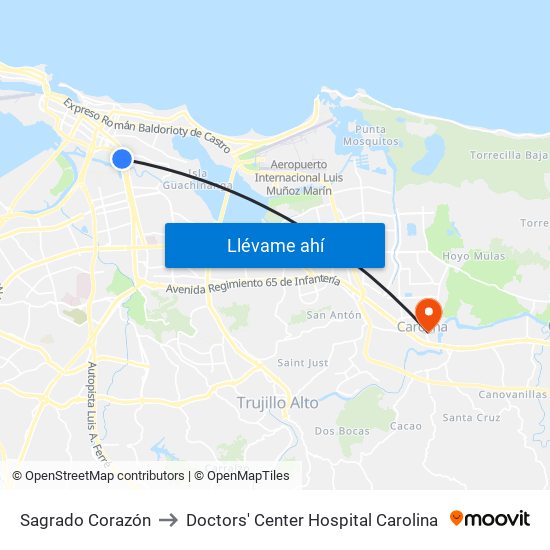 Sagrado Corazón to Doctors' Center Hospital Carolina map