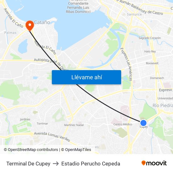 Terminal De Cupey to Estadio Perucho Cepeda map
