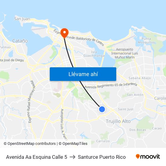 Avenida Aa Esquina Calle 5 to Santurce Puerto Rico map