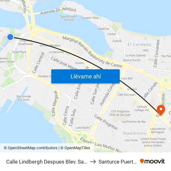 Calle Lindbergh Despues Blev. Saint Thomas to Santurce Puerto Rico map
