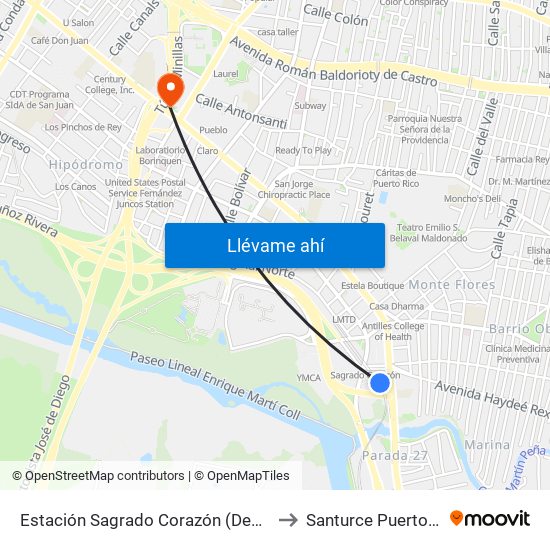 Estación Sagrado Corazón (Descenso) to Santurce Puerto Rico map