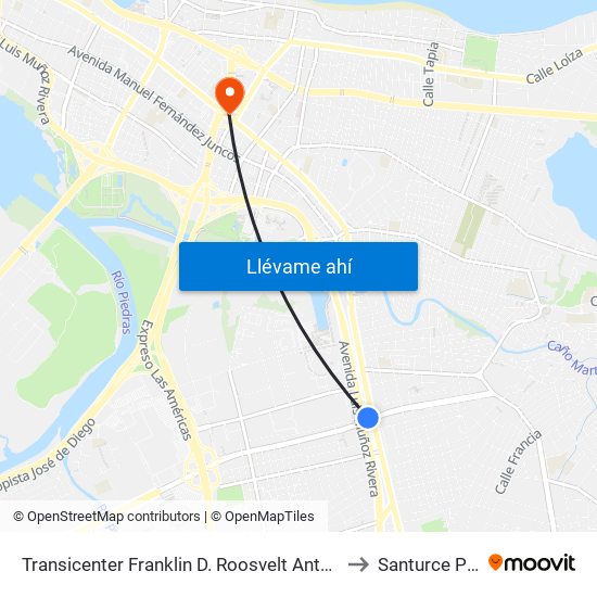 Transicenter Franklin D. Roosvelt Antes Avenida Luis Muñoz Rivera to Santurce Puerto Rico map