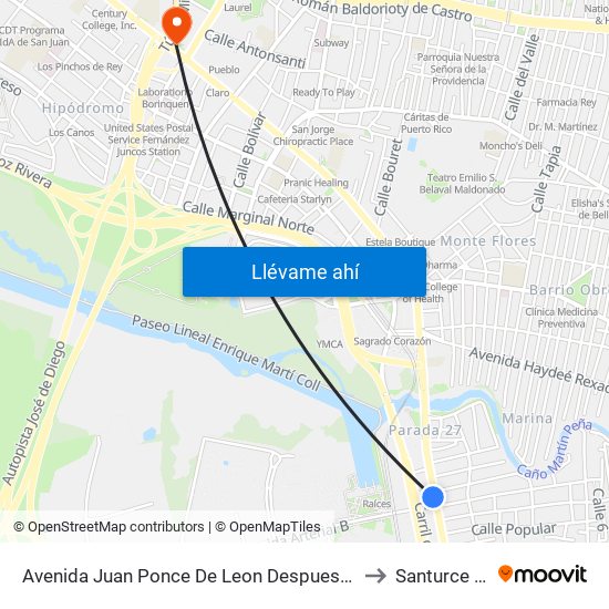 Avenida Juan Ponce De Leon Despues Lado Opuesto Calle Santiago Iglesia to Santurce Puerto Rico map