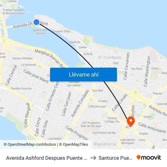 Avenida Ashford Despues Puente Los Hermanos to Santurce Puerto Rico map