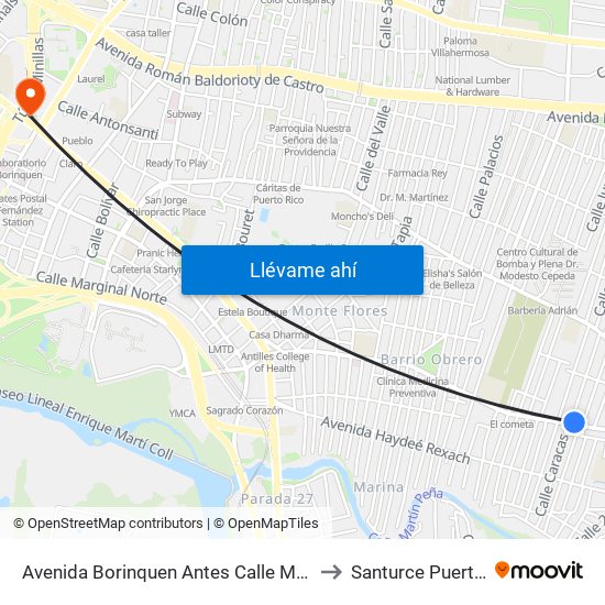 Avenida Borinquen Antes Calle Morell Campo to Santurce Puerto Rico map