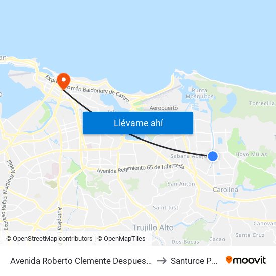 Avenida Roberto Clemente Despues Lado Opuesto Calle 98 to Santurce Puerto Rico map