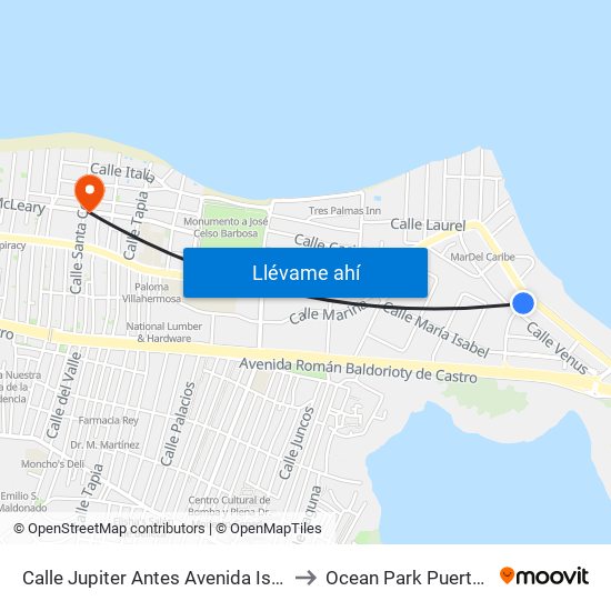 Calle Jupiter Antes Avenida Isla Verde to Ocean Park Puerto Rico map