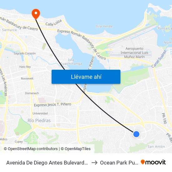 Avenida De Diego Antes Bulevard De La Media Luna to Ocean Park Puerto Rico map