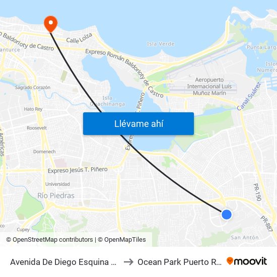 Avenida De Diego Esquina Pr-8 to Ocean Park Puerto Rico map