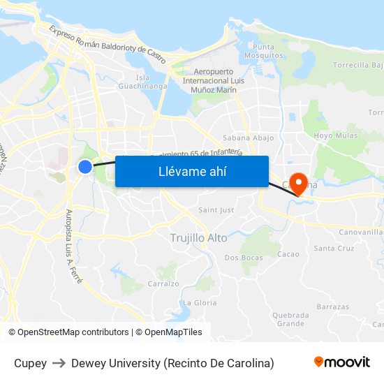 Cupey to Dewey University (Recinto De Carolina) map